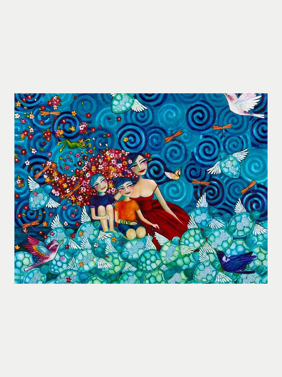 Lady and Her Two Boys on Turtles